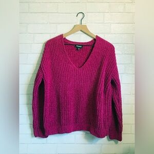 Express Neon Fuchsia Pink Chenille V-Neck Boxy Relaxed Fit Sweater